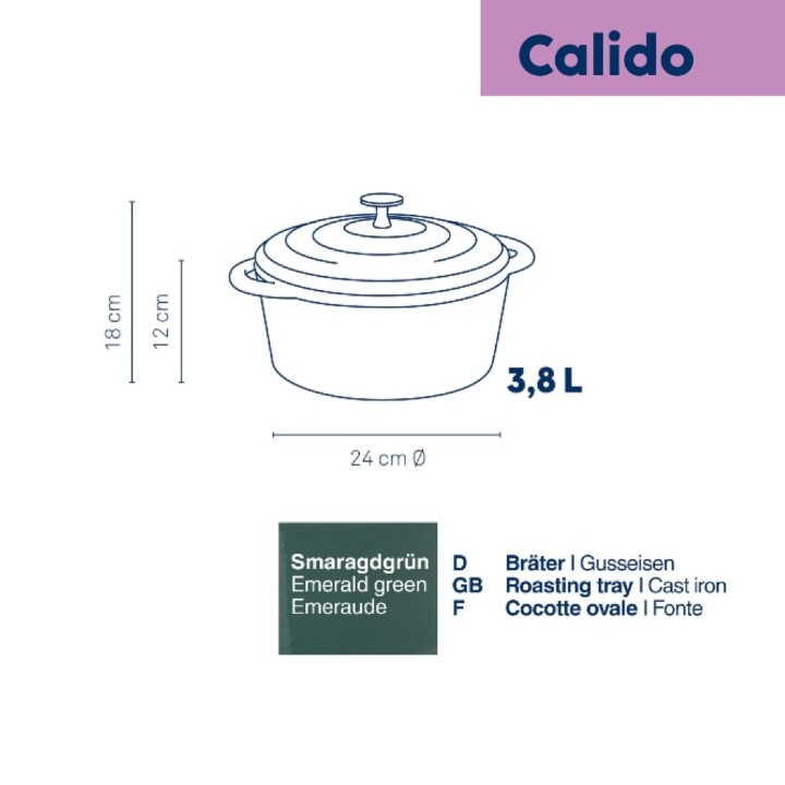 KELA čuguna sautējamais katls ar vāku "Calido" Ø 24 cm, 3,8 l | 6