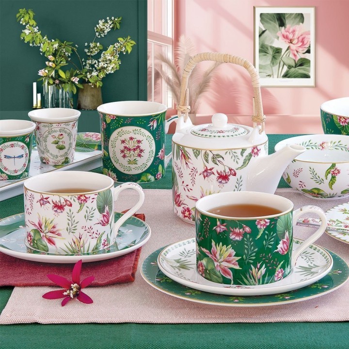 EASY LIFE porcelāna tasīšu komplekts ar šķīvīšiem "Botanic chic" 2 gab., 240 ml | 2