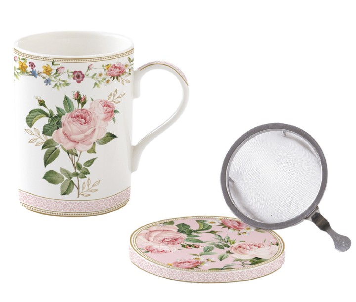 EASY LIFE porcelāna krūze ar vāciņu un sietu "Chant des Roses", 350 ml  | 1