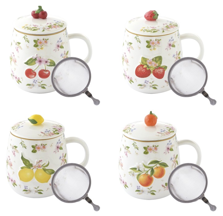 EASY LIFE porcelāna krūze ar vāciņu un sietiņu "Fancy Fruit" 450 ml | 1